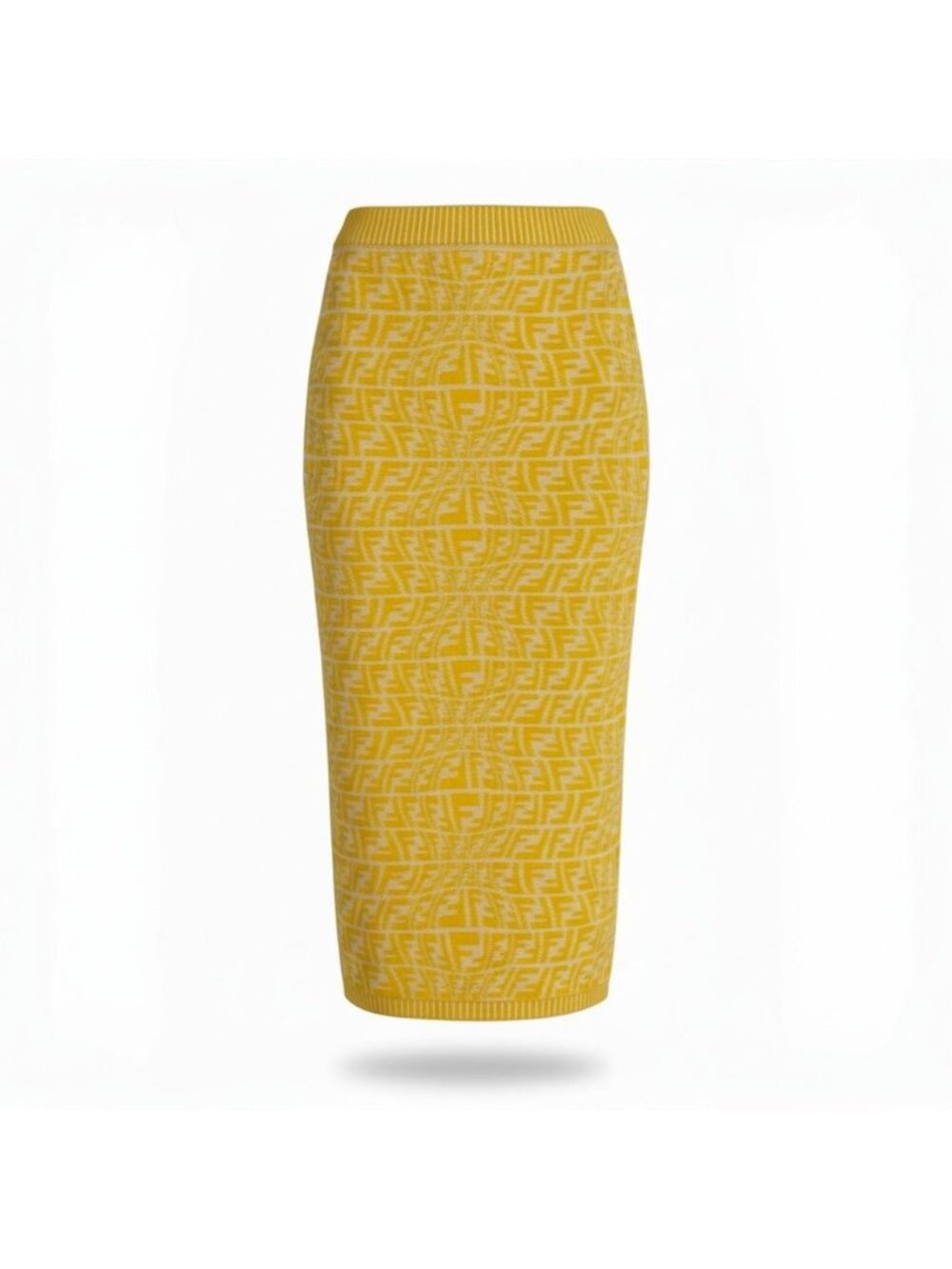 Fendi Ib7 Zucca Pattern Knit Skirt FF Logo Pencil Yellow 38
